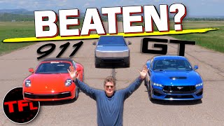 I Didn’t Expect This Close Of a Race - Tesla Cybertruck vs Mustang GT vs Porsche 911 Drag Race! screenshot 1