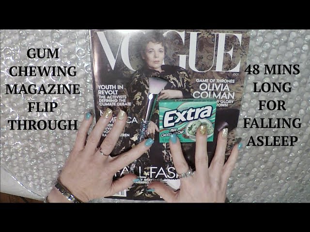 ASMR Gum Chewing Magazine Flip Through. Fall Asleep in 48 Mins. Whisper, Brush, Tracing