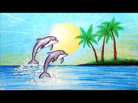 How to draw scenery of Dolphin in beach.Step by step(easy draw)