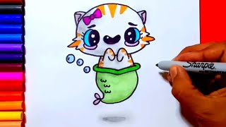 How to draw a cute kitten mermaid | Zed cute drawings