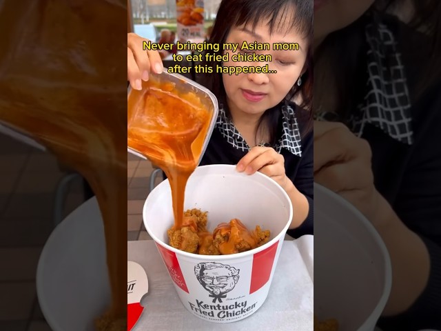 NEVER BRINGING MY ASIAN MOM TO EAT FRIED CHICKEN AFTER THIS HAPPENED #shorts #viral #mukbang class=