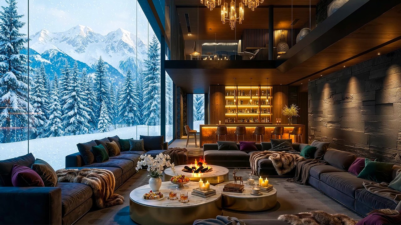 Relaxing Piano Jazz in Luxury Winter Living Room ❄️ Fireplace Glow & Gentle Snow for Focus, Work