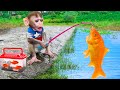 Baby monkey chu chu goes fishing by the stream and eats fruit with puppies in  garden