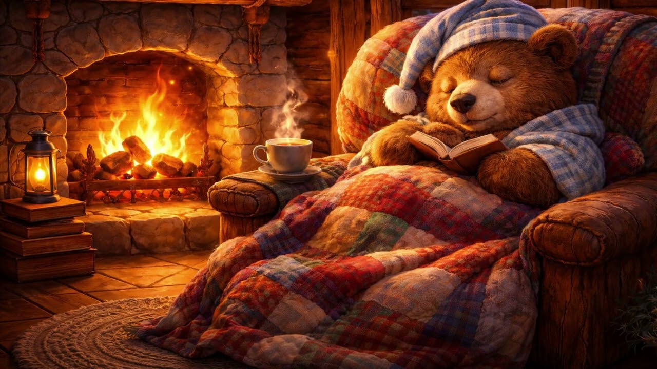 Sleepy Bear by the Fireplace 🐻🔥 Cozy Cabin Ambience for Deep Sleep