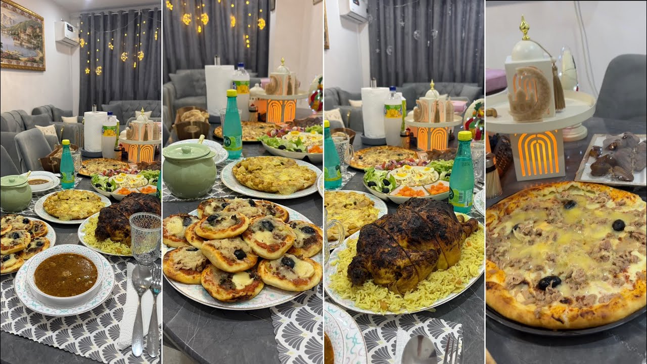 طاولة رابع يوم رمضان 🌙../ روز المطاعم مع دجاج محمر محشي 😍 بيتزا سهلة سريعة