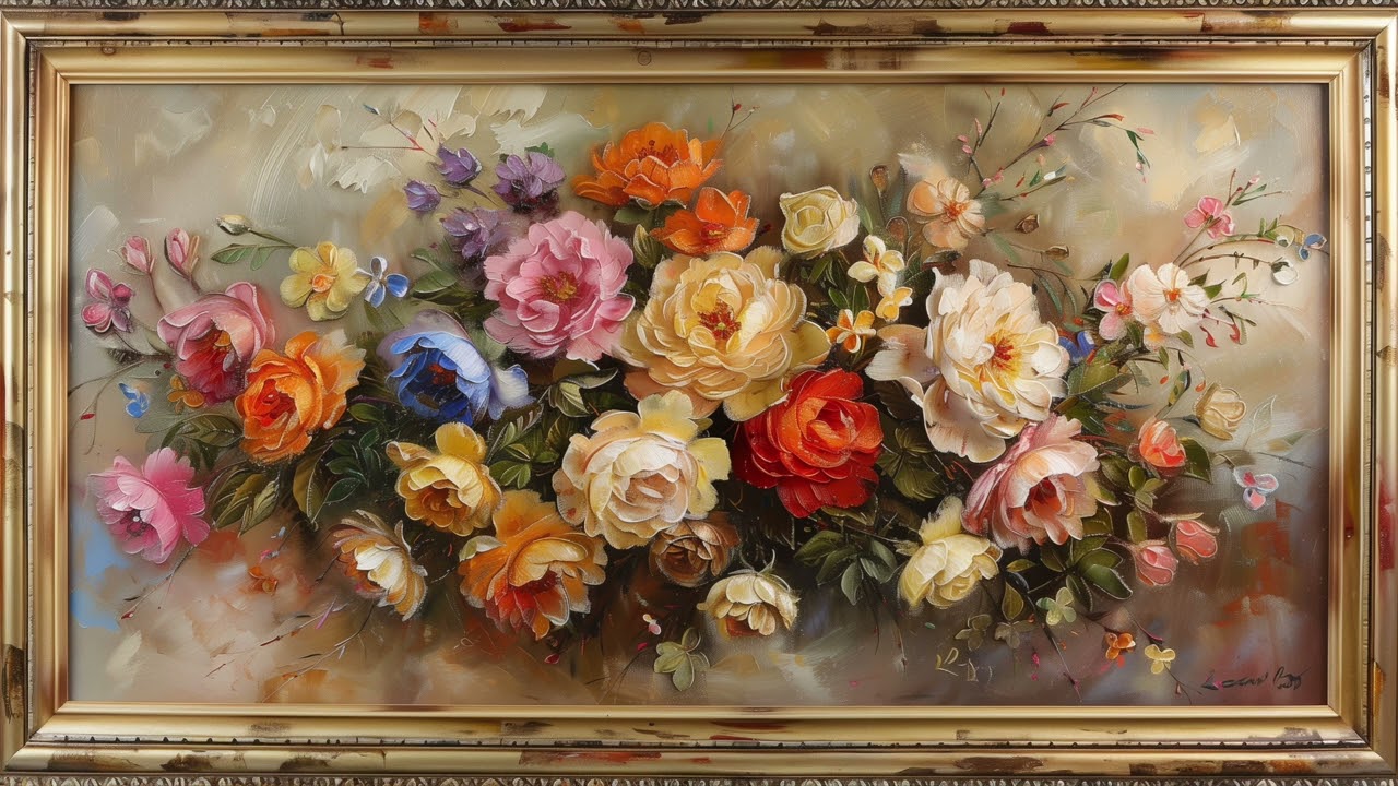 golden framed flower oil painting | TV art screensaver