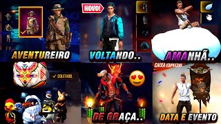 AMANHÃ!! PEGUE O GELO E EMOTE, BANDEIRÃO DATA, PACOTE AVENTUREIRO E TORRE ANGELICAL  - FREE FIRE