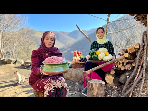 Cabbages and Eggplants Stuffed with Minced Meat for Dinner  in Village