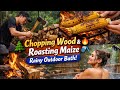 Chopping Wood &amp; Roasting Maize in the Forest 🌲🔥 | Rainy Escape to Outdoor Bath