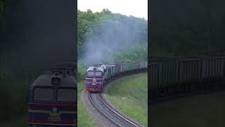 Blue diesel locomotive, black smoke and whistling turbine