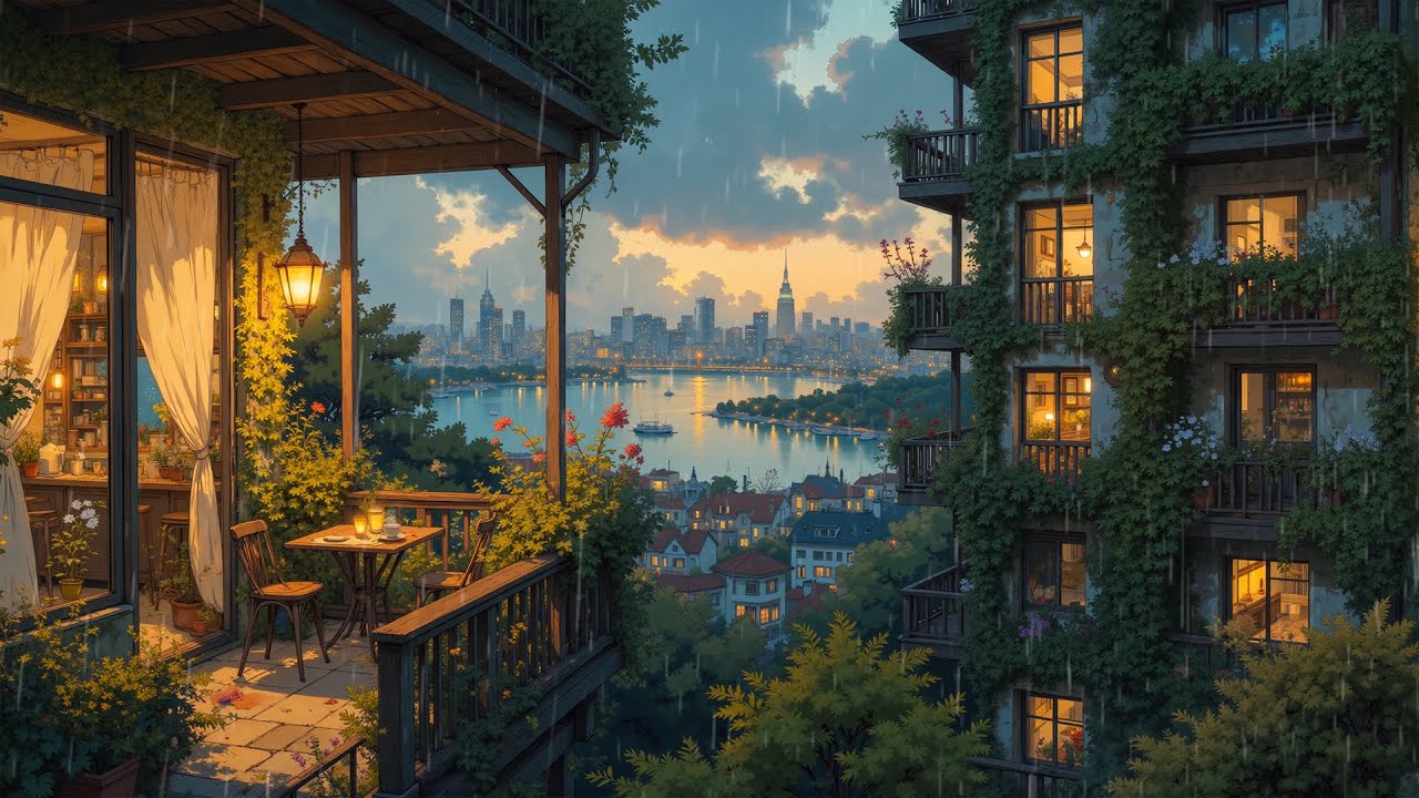 Japan Rainy Sunset 🌇 Warm Balcony Lights & Skyline Reflection | Relaxing Lofi Beats for Focus