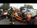 Arrival of firefighters and rescuers on training accident (siren, lightbar)