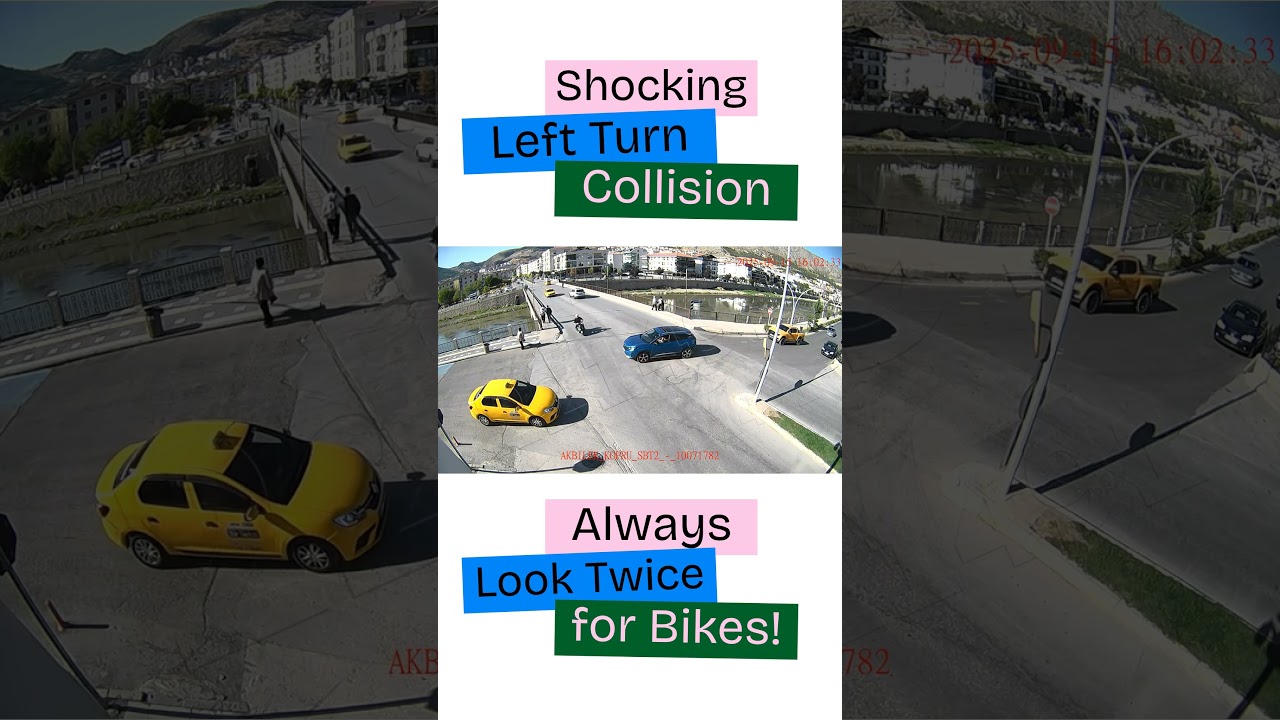Shocking Left Turn Collision  Always Look Twice for Bikes! 
