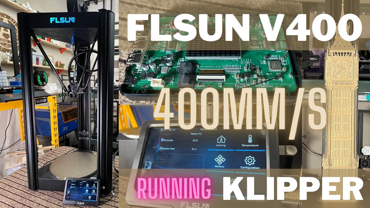 FLSUN V400: Running Klipper firmware, printing at 400mm/s, 8000mm