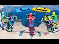 Spiderman Super Motos Ramp Parkour - Rainbow Car Bridge Challenge