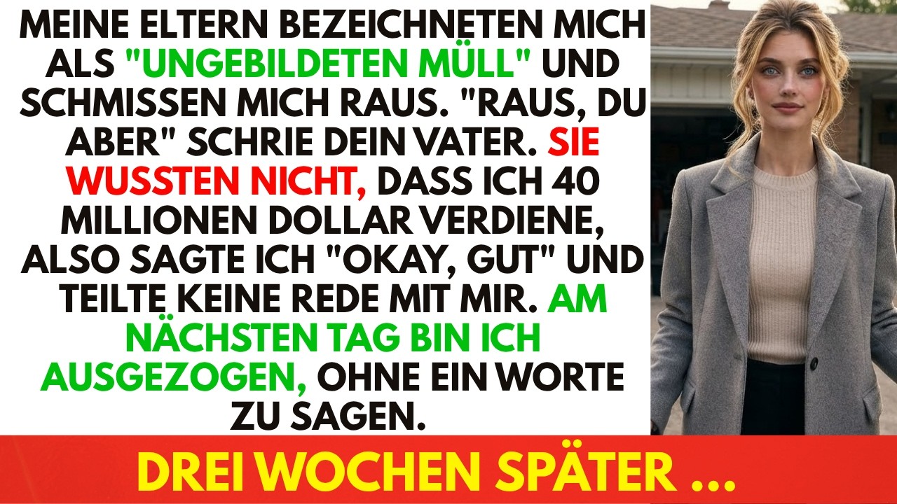 Ich stand in der Einfahrt meiner Eltern und sah zu, wie mein ganzes Leben in schwarzen Müllsäcken vor mir lag. Mein Vater schrie mich an: „Raus, du Versager, du bist nichts als ungebildeter Müll.“...