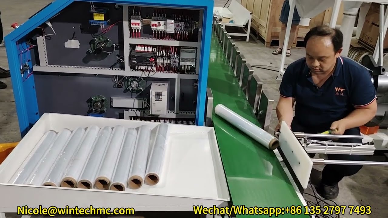 Efficient Two Automatic 500MM Hand Roll PE Stretch Film Rewinder With Conveyor Belt