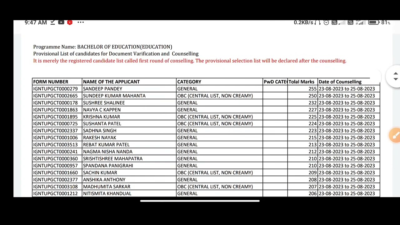 IGNTU PG/B.ED PROVISIONAL LIST RELEASED FOR COUNSELLING SCHEDULE &   DOCUMENTS VERIFICATION 2023-24