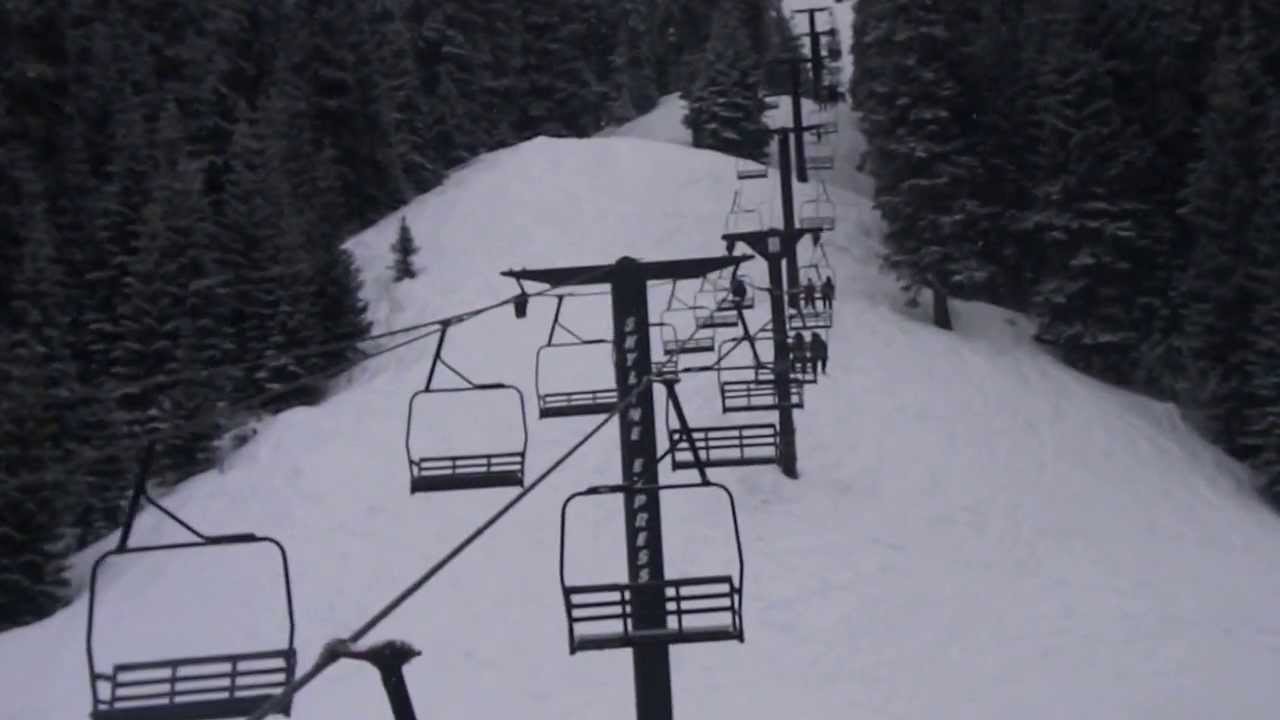 Skiing action at the base of Skyline Express lift, from Bluewood Ski