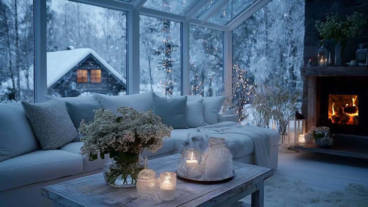 ❄️🎹 Cozy Winter Piano Lounge | 5 Hours Soft Piano Candles with Snowfall | Study Sleep Relax Calm