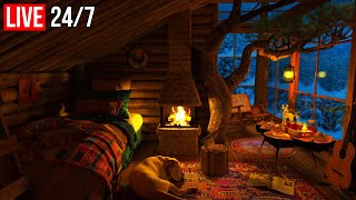 Cozy Treehouse Ambience  Blizzard & Fireplace Sounds for Sleep  Live 24/7