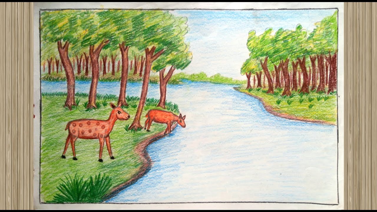 Oil Pastel Beautiful Forest Drawing With Animals
