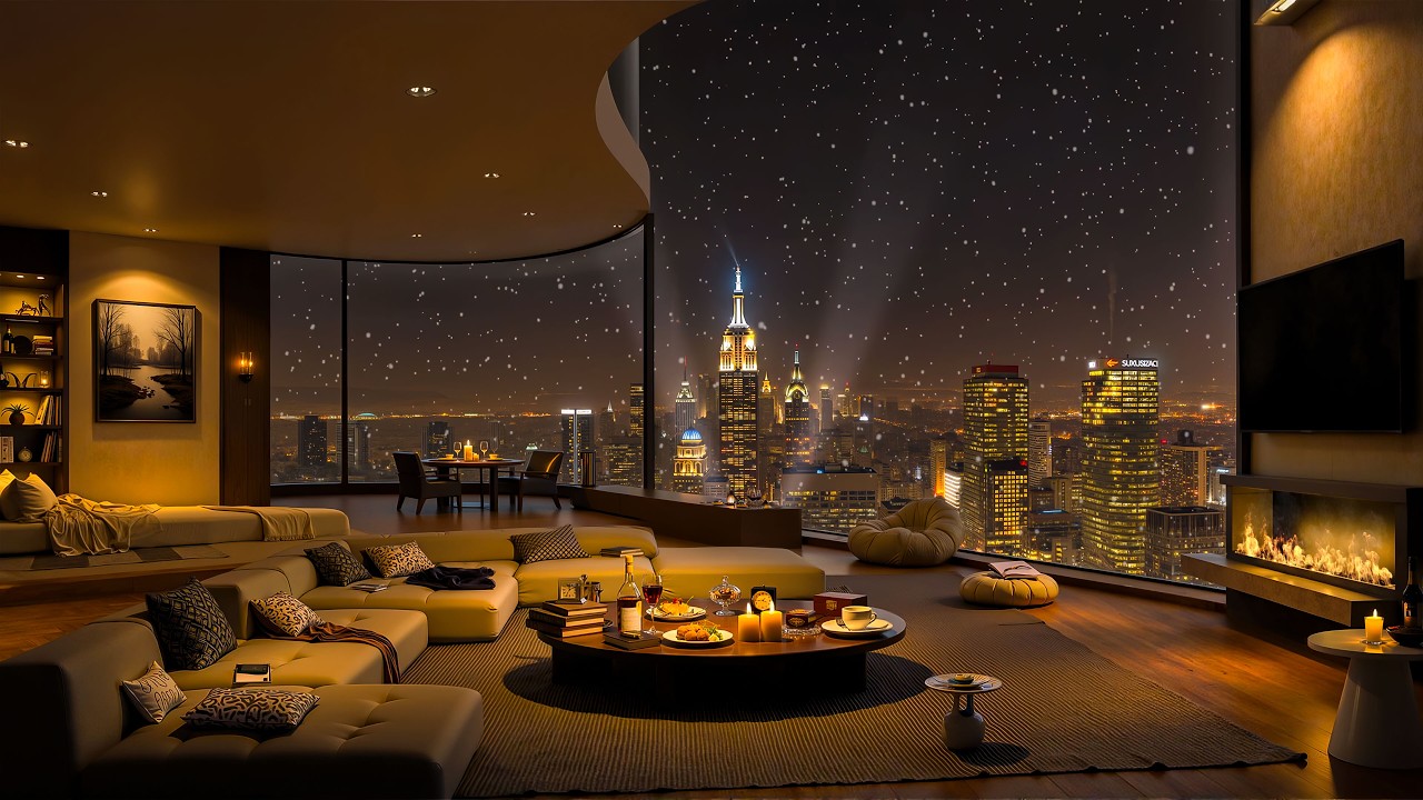 Relaxation with Warm Jazz Background Music | Tranquil Night Ambience in Luxury Apartment