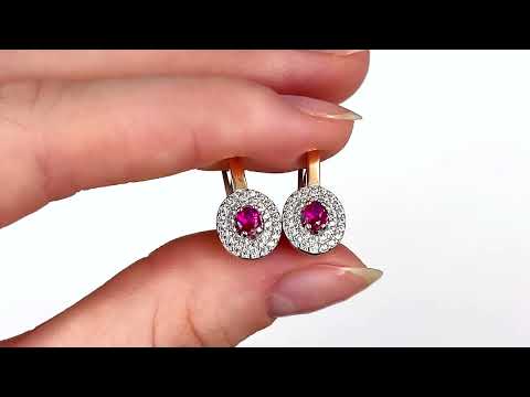 Срібні сережки з золотими пластинами БС752мал розмір 15х8 мм вставка малинові фіаніти вага 2.34 г, видео 1