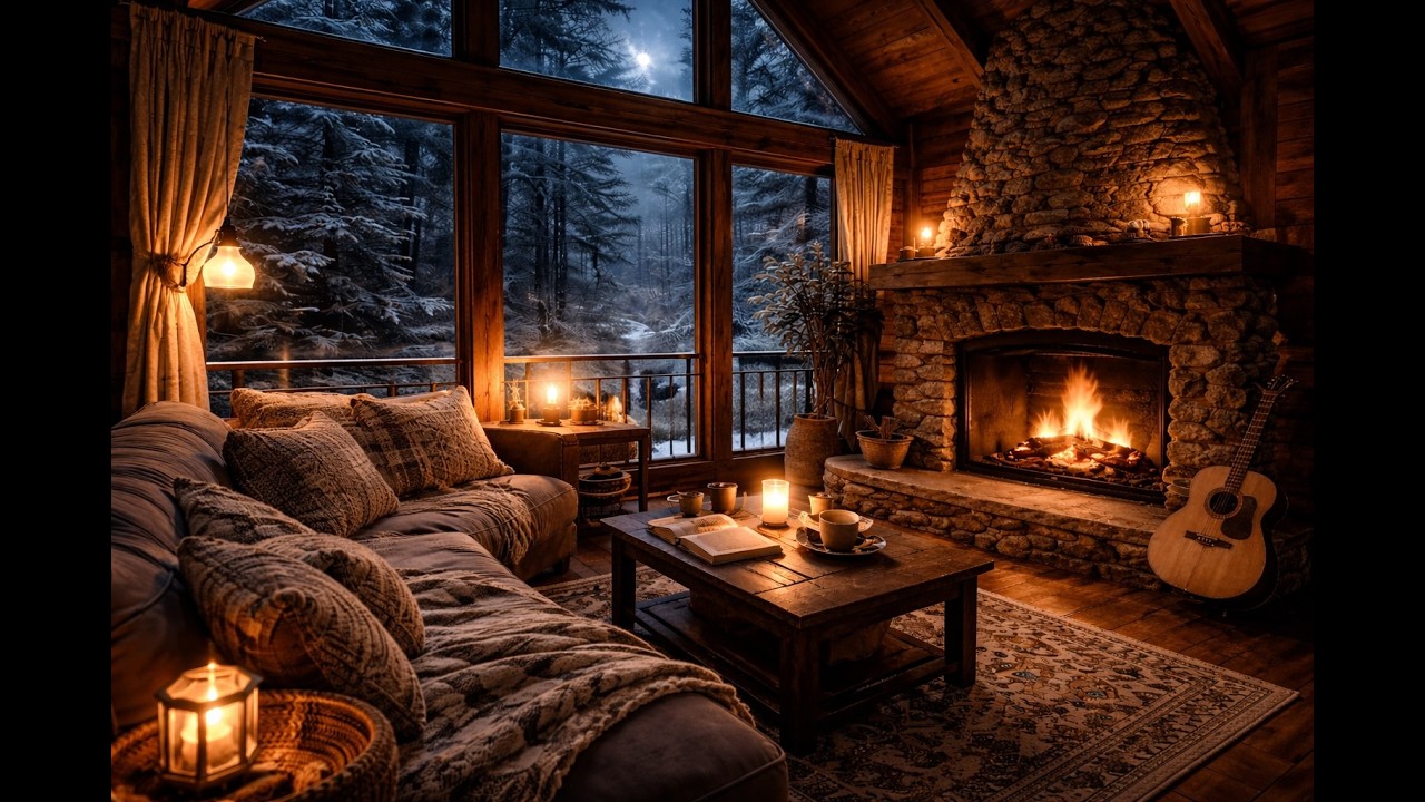 Камин и мягкий джаз ❄️ Зимняя ночь в лесном доме | Cozy Cabin Fireplace Jazz Ambience