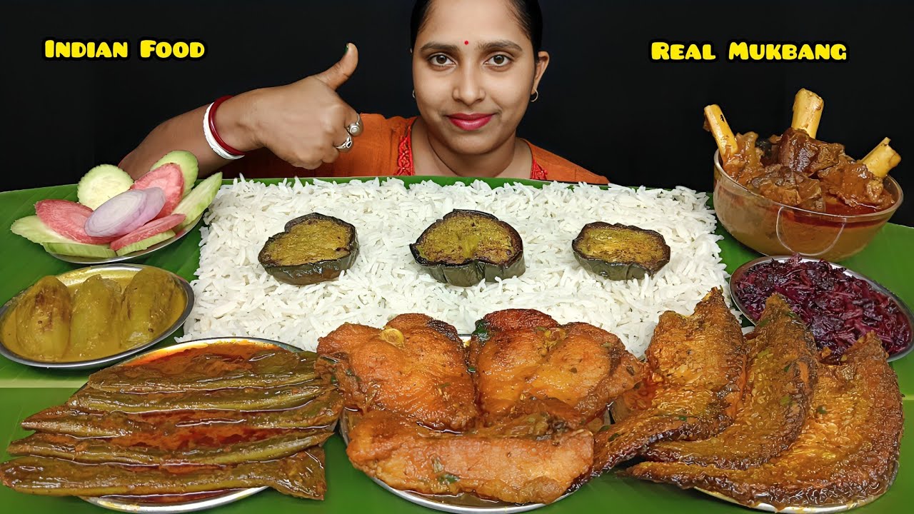 Eating Mutton Curry, Pabda Fish Curry, Katla Kalia, Flat Beans Curry, Potol Posto, Brinjal Fry, Rice