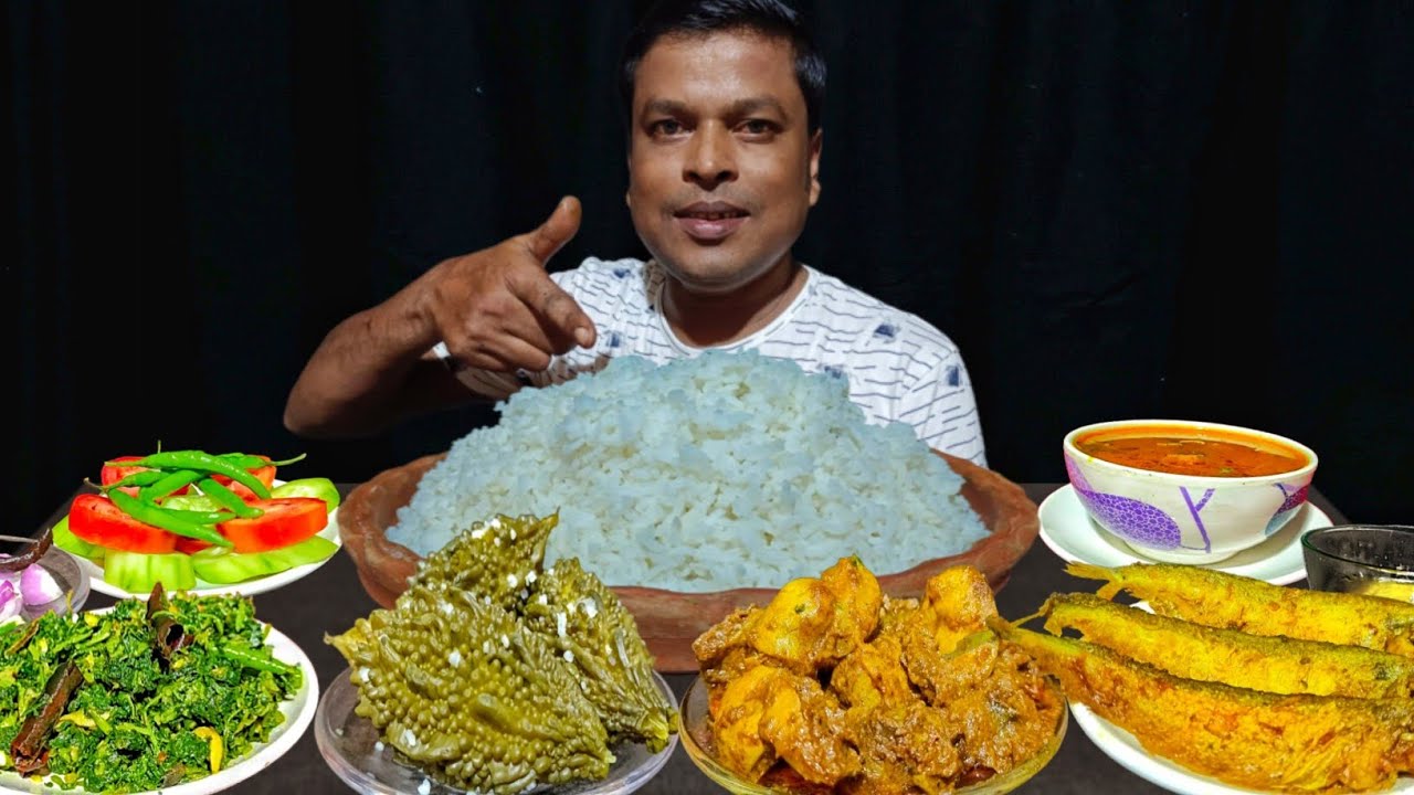 MUKBANG SPICY CHICKEN GIZZARD CURRY, PABDA FISH CURRY, MUSTERD GREENS, BOILED UCCHE, RICE, SALAD