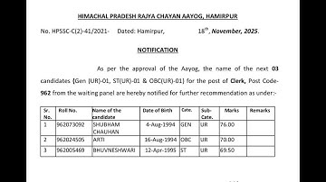 HPRCA Clerk 962 Post Code result Today