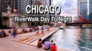 CHICAGO Downtown Day to Night RiverWalk | 5k 60 | City Sounds