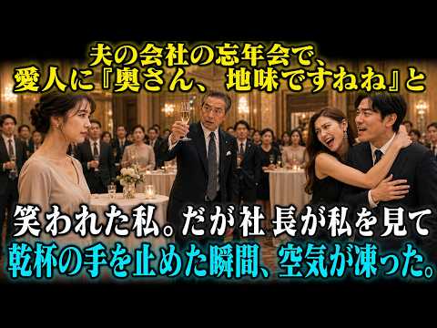 夫の会社の忘年会で、愛人に「奥さん、地味ですね」と笑われた私。だが社長が私を見て乾杯の手を止めた瞬間、空気が凍った。
