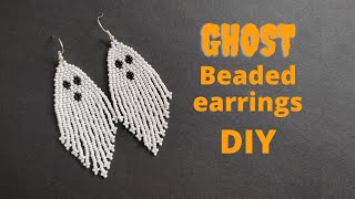 DIY Ghost bead earrings tutorial for beginners, halloween seed bead earrings diy