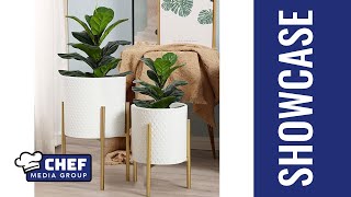 LuxenHome Set: Elegant White Planters with Gold Stands - Chic Indoor Plant Pots!