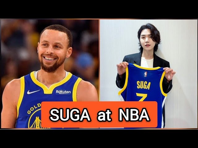 BTS's Suga at NBA Japan Games 2022 | SUGA Shows Off GOLDEN STATE WARRIORS Jersey class=