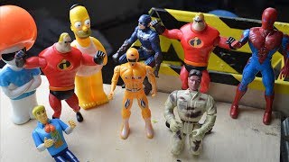 Shredding toy figures -Mr.Incredible, Spider-Man -Crushing Captain America -Shredder vs Power Ranger