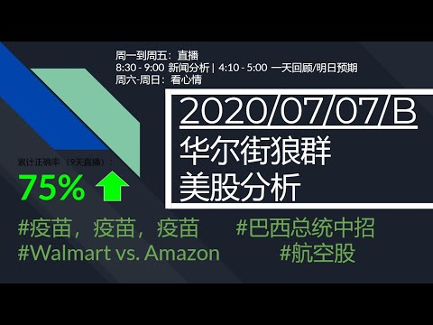 浓缩版07 07 B 昨日正确预测今天上涨和下跌 美国为拉股市终于承认中国疫苗领先 巴西总统中招 沃尔玛硬刚亚马逊 Youtube