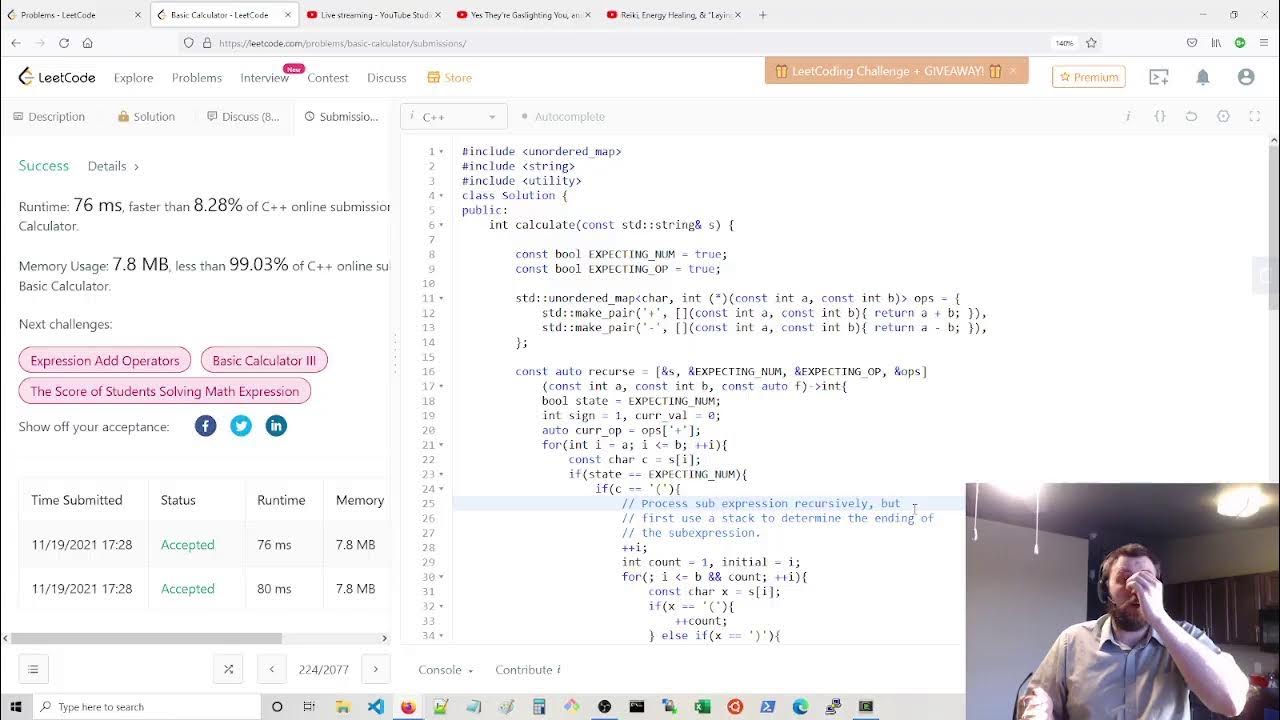 Basic Calculator, Hard, C++, LeetCode YouTube