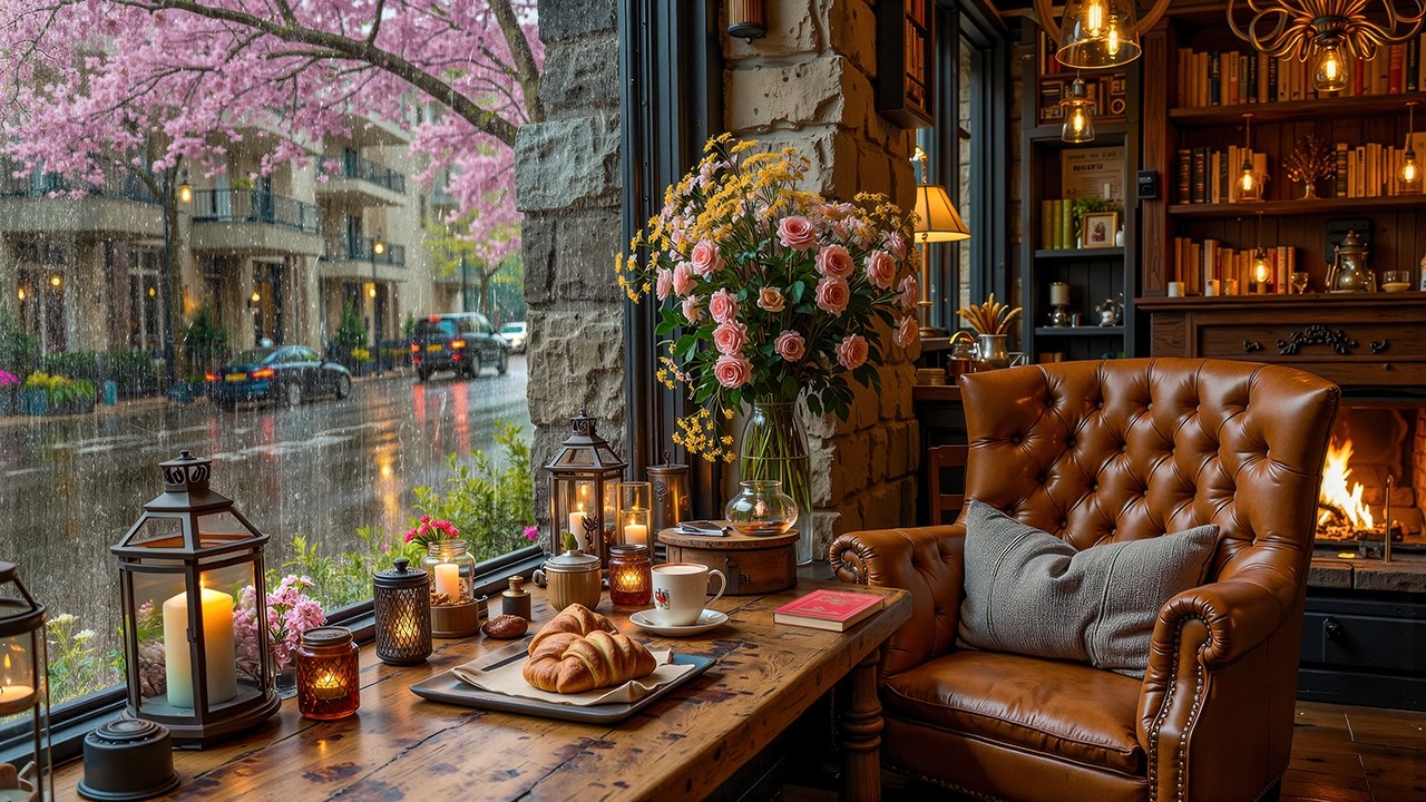 Rainy Spring Café Jazz ☔ Cozy Window Seat & Fireplace Jazz Instrumental for Study & Relax