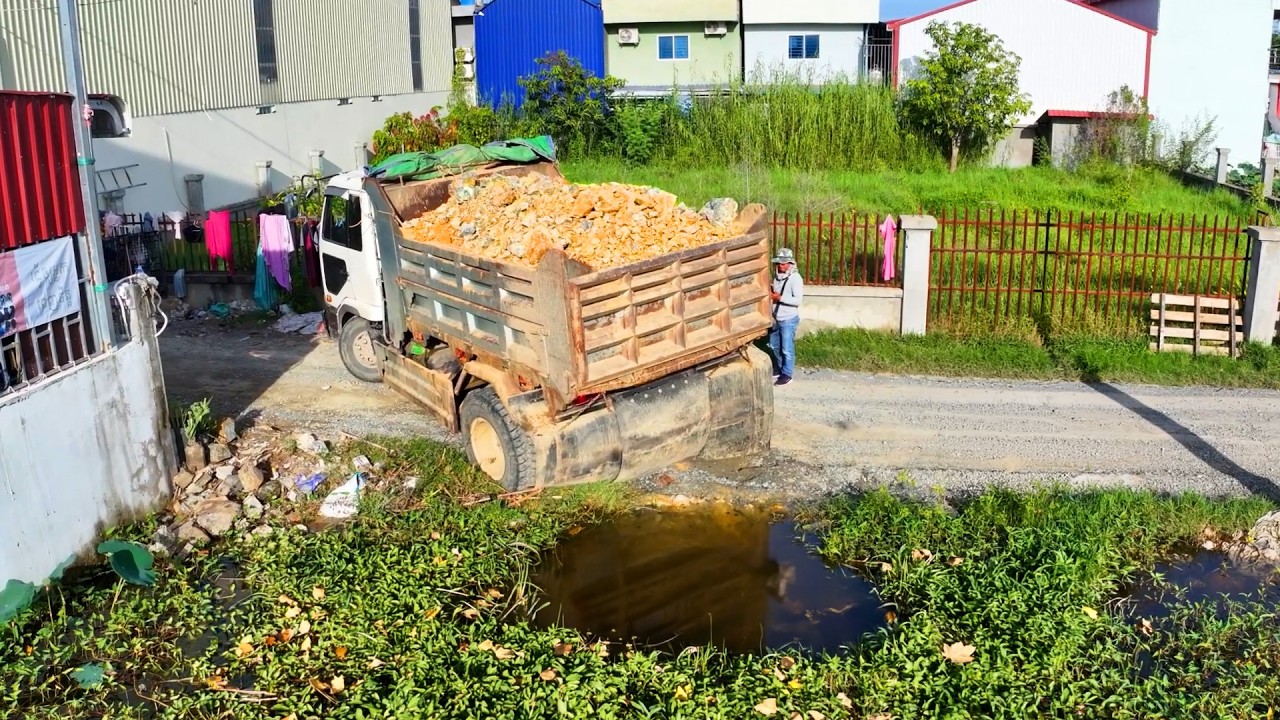 incredible full landfill skill work building house , truck transport soil stone, bulldozer push soil