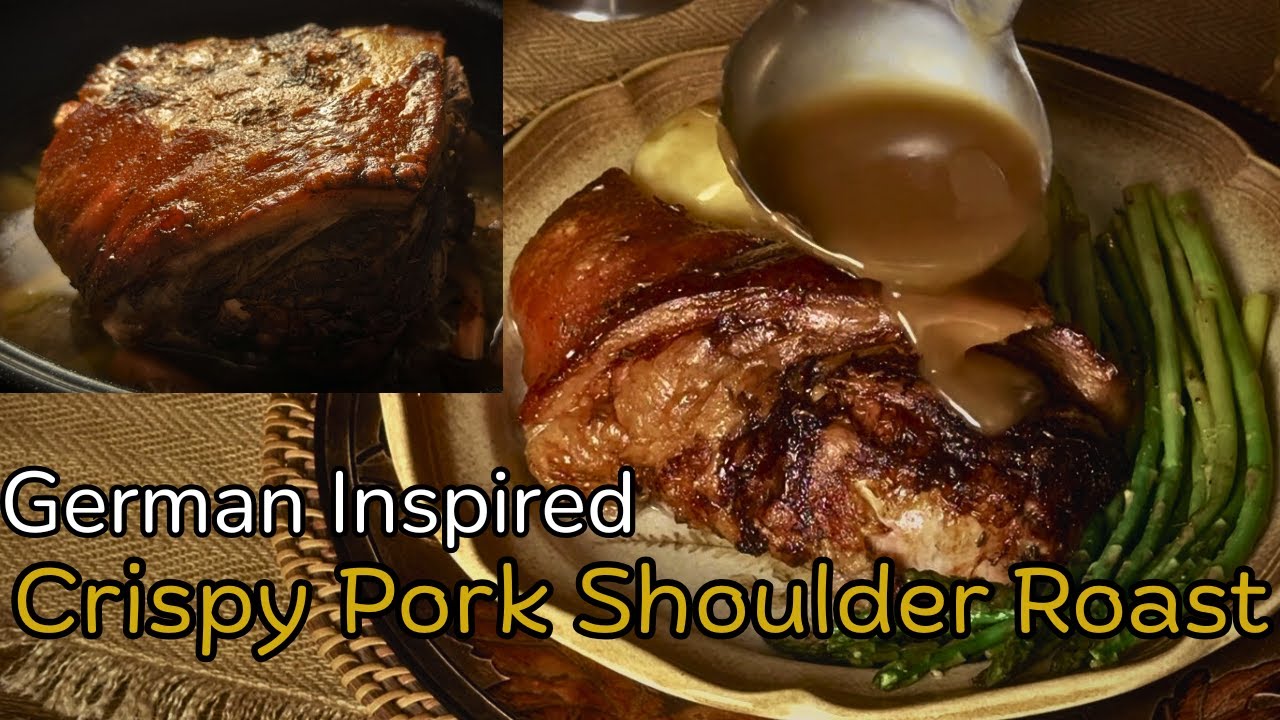 German Inspired Crispy Pork Shoulder Roast, Potato Dumplings, Asparagus, Thanksgiving, Holidays.