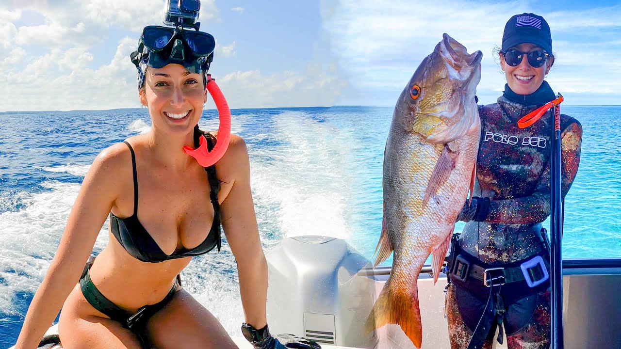 Girl Spear Fishing HUGE Snapper: Bahamas Catch Clean & Cook