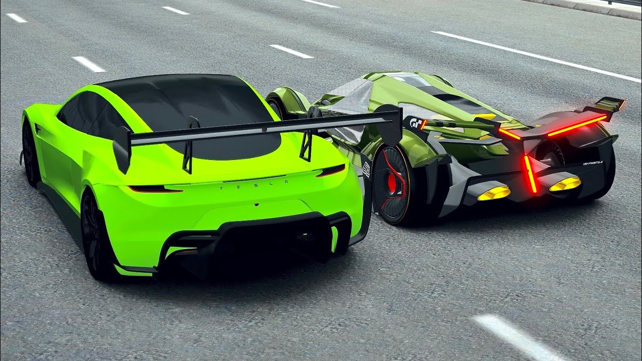 Tesla Roadster GTR vs Lamborghini V12 Vision GT - Drag Race 20 KM