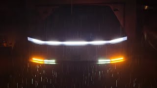 Tesla Cybertruck The Arrival Light Show At Night in the Rain Without Music View From the Front