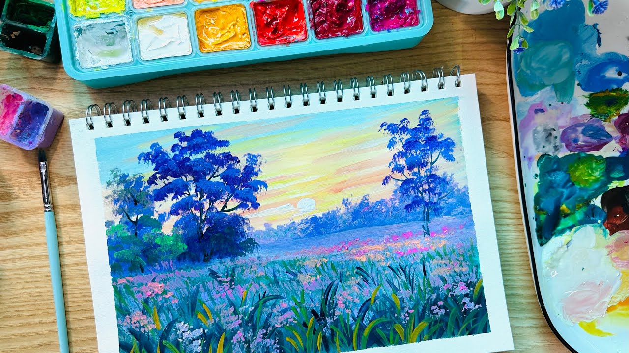 Chillout Art/Gouache painting /How to paint Landscape painting with gouache for beginners #12