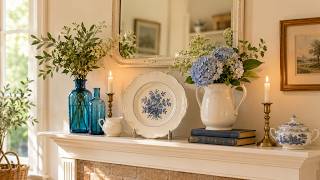 🕯️ Collected Summer Mantel Ideas with Blue Glass, Ironstone & Vintage Cottage Layers 🌿