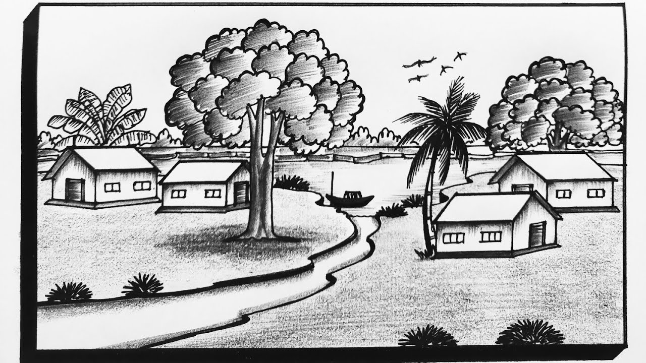 Easy Scenery Drawing||Simple Scenery Drawing||Beautiful Village Scenery Drawing||Landscape Drawing 