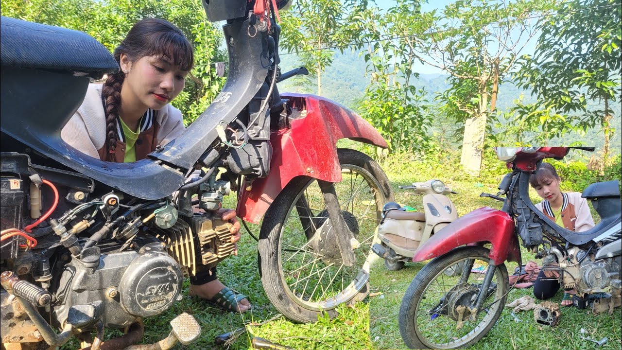 On-site repair: girl comes to home to repair and clean sulfate of hill climbing motorbike.
